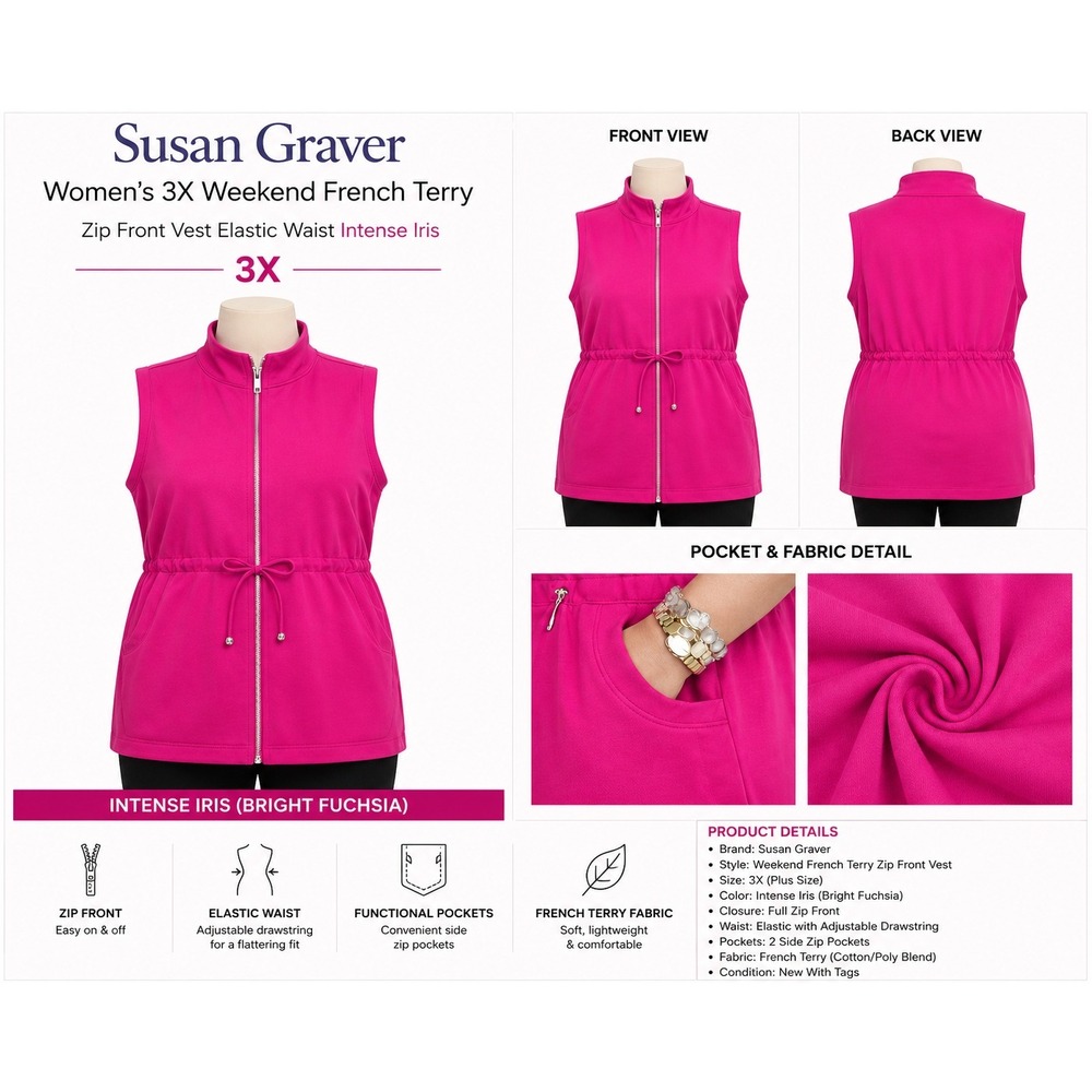 Susan Graver Weekend French Terry Zip Front Vest Intense Iris Fuchsia 3X A234326
